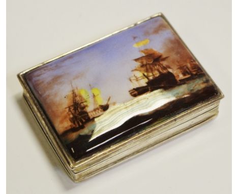 A Continental silver rectangular snuff box, the hinged cover decorated in polychrome with a naval battle scene, London import
