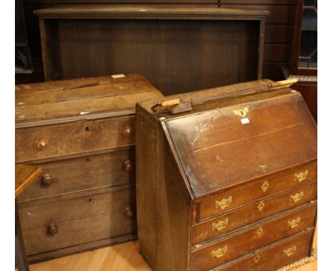 An oak open bookcase; A George III mahogany crossbanded oak chest of drawers, c.1810; A George III oak bureau, fall front enc