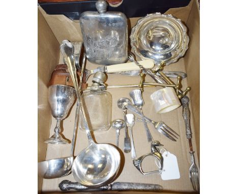 Metalware - a silver cake fork; a silver mustard spoon; a pewter hip flask, equestrian scene; another, similar, plated mounts