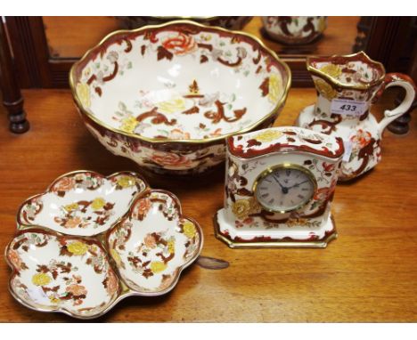 Masons brown velvet bowl; others, mantel clock; triform dish; hexagonal jug 