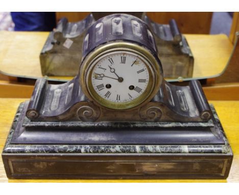 A 19th century verde antico marble and noir belge drum head mantel clock, c.1880