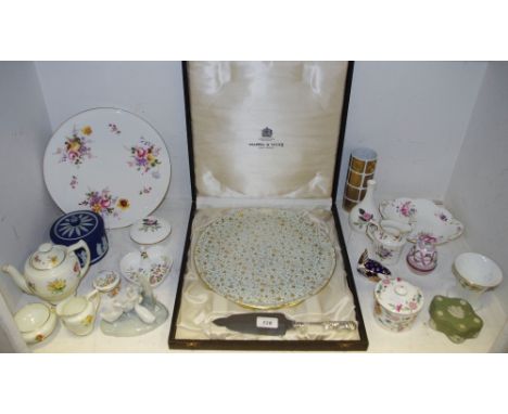 A Royal Crown Derby Posie pattern cake plate, a wren paperweight; a Royal Doulton teapot milk and sugar; a Copeland Spode cak