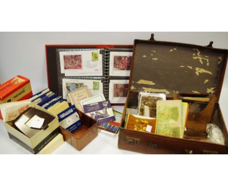 A Viewmaster with slides, a light attachment, boxed; a stereoscope with slides; silk handkerchiefs; first day covers; a slate