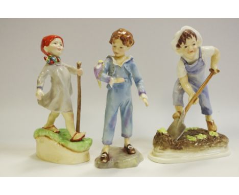 A Royal Worcester figure modelled by Frieda Doughty, Saturday's Child, printed marks; others Thursday's Child and The Parakee