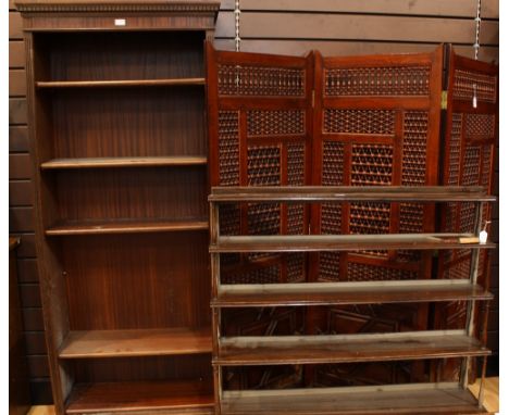 A 'mahogany' bookcase, faux-dentil cornice, shaped bracket feet, 191cm high; A 19th century mahogany five-tier waterfall book
