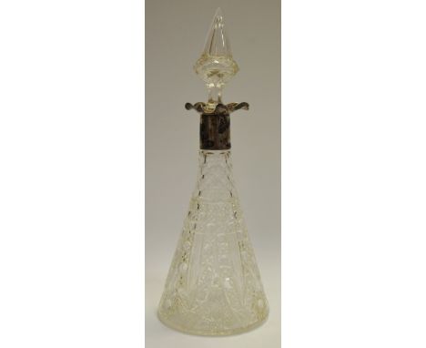 An Edwardian silver mounted hobnail-cut clear glass conical spirit decanter, Chester 1906