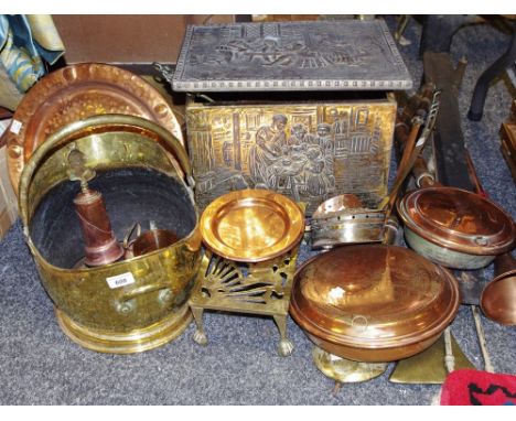 Copper and Brassware - a brass coal scuttle, log bin, am pan, trivet, chestnut toaster; a copper warming pan, others smaller,