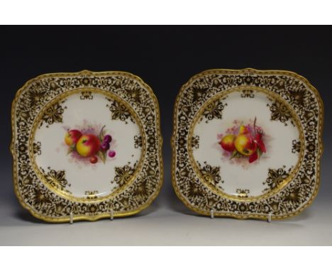 A pair of Royal Worcester shaped square side plates, pained by E Townsend, signed, with ripe apples and cherries, the rim wit