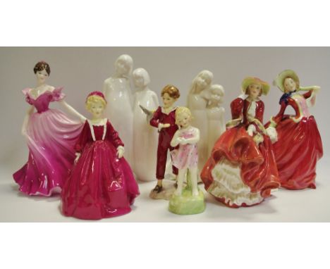 A Royal Worcester figure, Parakeet; a Royal Doulton figure, He Loves Me; others similar, Coalport, etc (8)