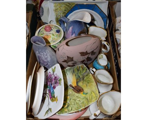 Doreen Bates hand painted studio pottery, including rectangular twin handle tray, winter landscape plate, etc; others, floral