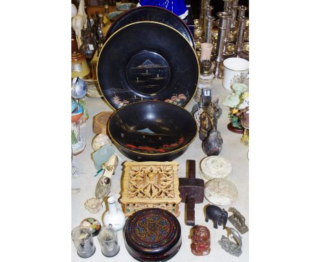 A Japanese black lacquer plate, bowl, coaster set; others; a pierced hardwood box; carved soapstone trinket boxes and covers;