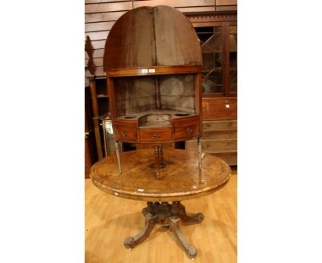 A Victorian burr walnut and marquetry oval breakfast table, c.1850; An unusual George III mahogany bow fronted corner washsta