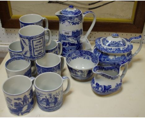 A Spode Italian pattern teapot, hot water jug, nine mugs,sucrier and milk jug