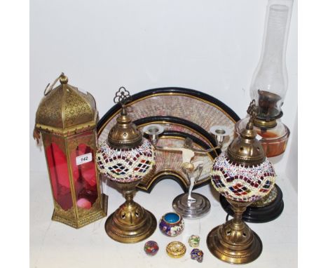 A set of three arched fan shaped display cases; various cloisonné enamel trinket pots; a Moroccan style lamp; another, an Ind