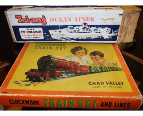 Toys - a Tri-ang plastic model of an ocean liner, RMS Pretoria Castle, clockwork powered, scale model, boxed; a Chad Valley t