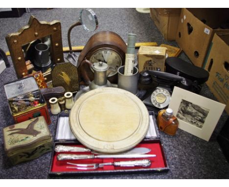 Boxes and Objects - Art Deco oak mantel clock; opera glasses; metalware; advertisement tins;magnifying glass, etc, qty