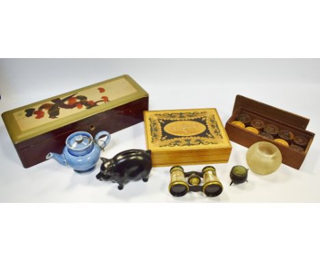 Boxes and Objects - an Irish bog oak cauldron pin cushion;  a pair of opera glasses;  a globular match striker;  a Pig money 