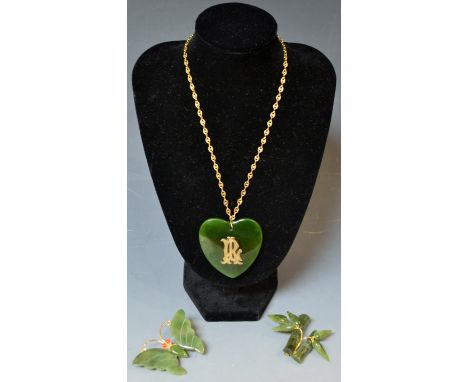 Jewellery - a green stone, possibly jade, heart pendant, with applied RL initials, suspended from a gold plated chain necklac