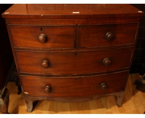 A Victorian mahogany bow-front chest, slightly oversailing top above two short and two long drawers, outswept forefeet, 87cm 