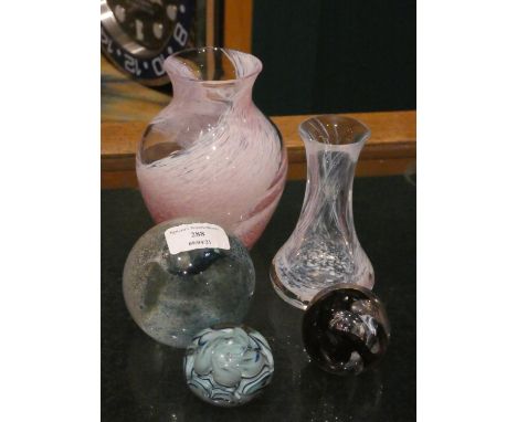 A Caithness paperweight, 2 Scottish paperweights and 2 glass vases 