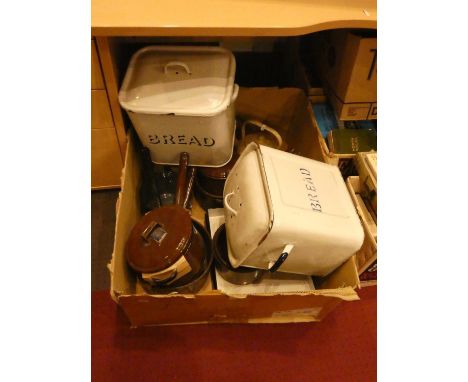 A collection of JUDGE enamel saucepans together with enamel bread bins and enamel kettles