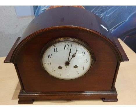A mahogany mantle clock with white enamel dial and other clocks