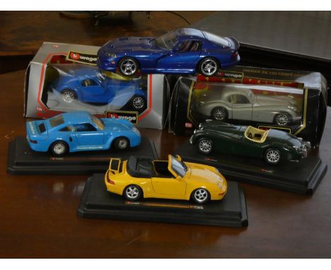 A collection of Burago die-cast model cars, to include- Bugatti Atlantic 1936 (boxed), Jaguar XK 120 Coupe 1948 (boxed), Vipe