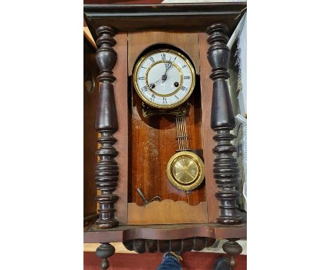 A Vienna style regulator type wall clock with two part enamel dial and 4 other clocks