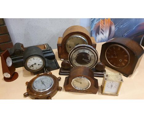 A collection of clocks to include an Edwardian mahogany mantel clock with enamel dial (2)