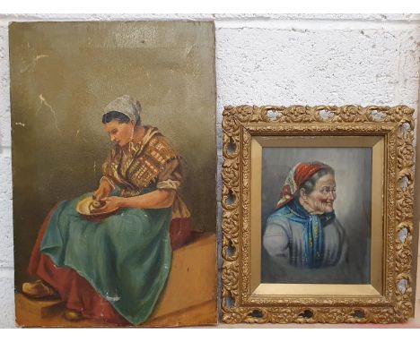 19th century Continental school, red with red scarf, oil on canvas, 24 x 20 cm and another oil on canvas, lady with washing b