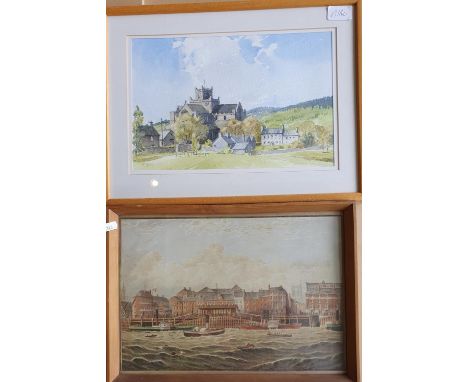 A naïve watercolour of a waterfront, K. Glen watercolour, 3 coloured prints of 19th century gentleman and other images.