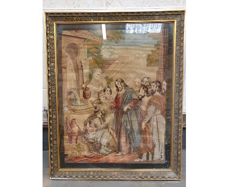 An Edwardian religious tapestry, 75 x 60 cm, a pair of 19320/30 tapestries, a sampler and another piece