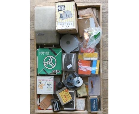 A collection of slides, film reels, photography plates including Ilford Ordinary plates, Aphax I Baby 35mm Projector along wi