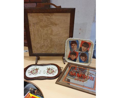 A Beatles metal tray, a tapestry mounted fire screen, a Samson beer mirror and other items. 