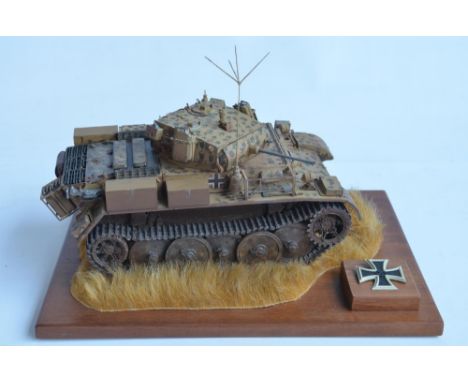 Competently built 1/16 scale Trumpeter WWII German Army PzKfw II Luchs plastic model kit on diorama base with reproduction Ir