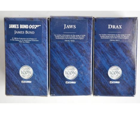 Three boxed Corgi James Bond diecast 1/24 scale Icon Figures to include James Bond, Jaws and Drax. Models in at least near mi