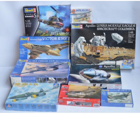 Mixed lot of nine plastic model kits, various manufacturers and scales to include 1/48 Revell Apollo lunar module Eagle Space