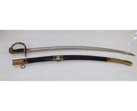 20th-century reproduction of a 19th-century pattern officer's dress sword, complete with leather and brass scabbard. Overall 