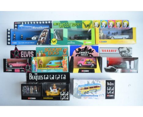 Nine boxed film, television, music and celebrity themed diecast model car sets from Corgi, most with figures to include 39902