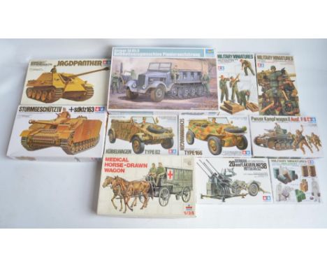 Collection of 11 unstarted 1/35 scale WWII German armour and crew plastic model kits/sets to include a Tamiya Jagdpanther and