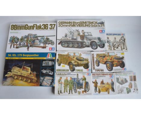 Collection of 9 unstarted 1/35 scale WWII German armour and crew plastic model kits/sets to include Tamiya 8 ton semi track 2