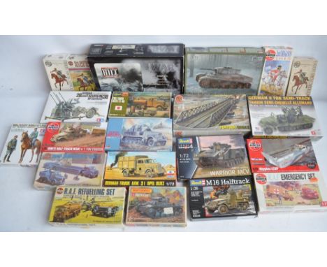 Collection of unbuilt plastic armour and figure model kits, various scales and manufacturers to include Airfix, Revell, Tamiy