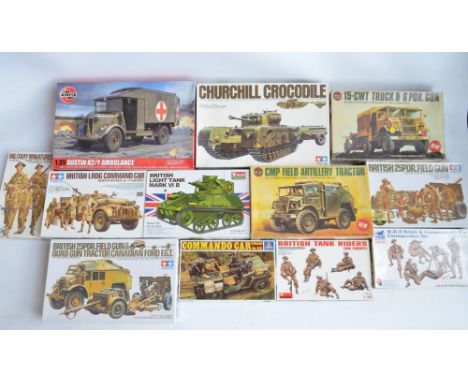 Twelve unstarted 1/35 scale WWII British armour plastic model kits/sets from Tamiya, Airfix, MiniArt, and Vulcan Scale Models