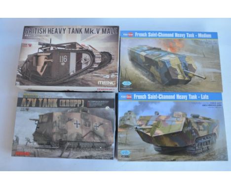 Four unbuilt 1/35 WWI era tank model kits to include 2x Hobby Boss French Saint-Chamond heavy tanks (medium and late), a Meng