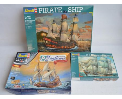 Three unbuilt plastic model sailing ship kits from Revell to include a 1/72 scale Pirate Ship, 1/83 Mayflower and a 1/150 USS
