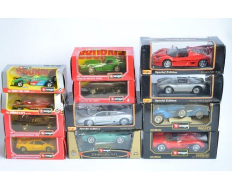 Collection of twelve diecast model cars from Burago and Maisto to include 6x 1/24 scale from Burago including F1 Benetton For