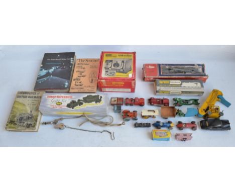 Collection of vintage diecast vehicles, books and railway models to include a Dinky Supertoys 564 elevator loader, boxed Matc