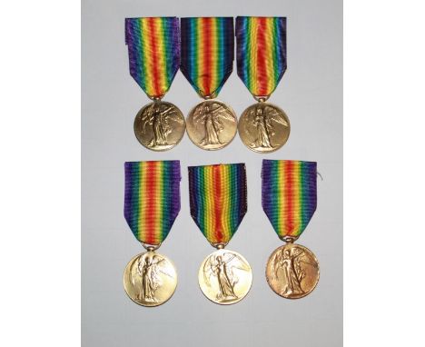 Six Victory Medals To 42090 Pte J, Curtis. Middlesex Regiment. E-32248 Pte W. Ward. Middlesex R. 204245 Pte W.J. Caddy Liverp