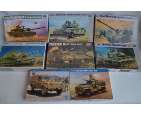 Eight unbuilt 1/35 modern British tank and armoured vehicle plastic model kits to include an 4x Trumpeter Challenger 2 MBT's,