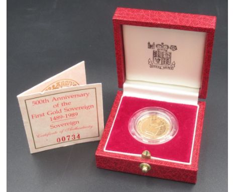 The Royal Mint - 500th Anniversary of the First Gold Sovereign 1489-1989 Full Sovereign, in issue case with certificate of au